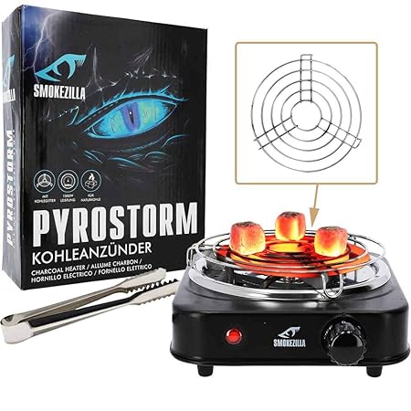 Smokezilla Shisha Kohleanzünder Pyrostorm für Shisha Kohle | inkl. Kohlegitter und Kohlezange | schwarz | 1000W