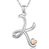 CELESTIA 925 Sterling Silver Initial Necklaces 26 Letter with Rose Gold Heart - 18 Inch Chain