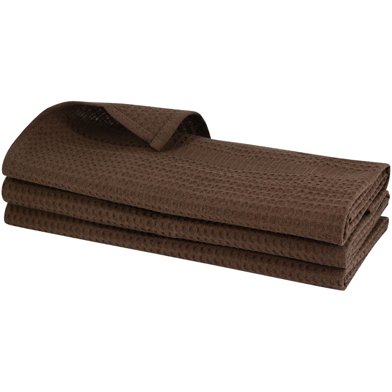 Set of 3 kitchen towels, tea towels, made of 100 % cotton, waffle pique, dark brown / chocolate colour