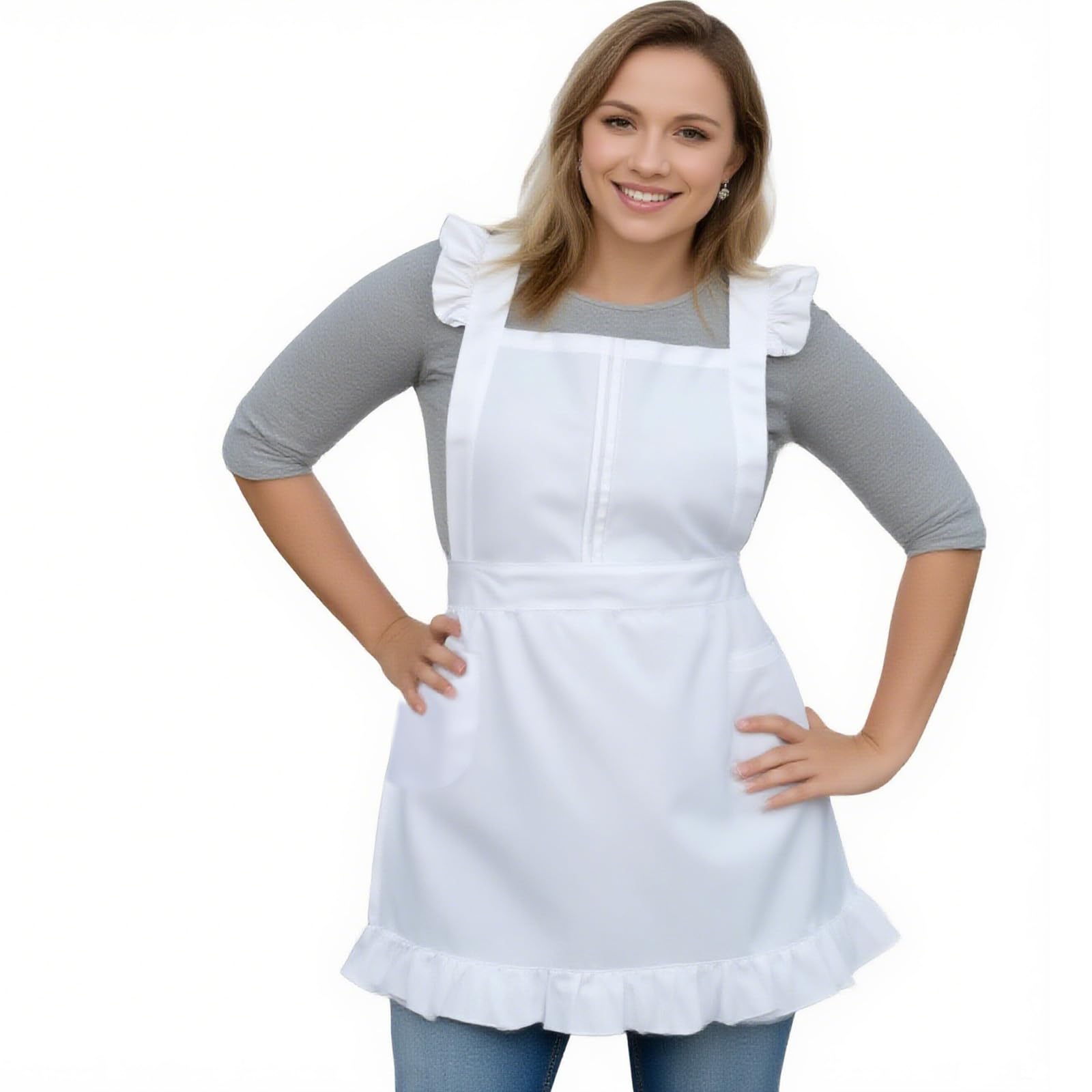 Love Potato Cotton Adjustable Kitchen White Apron Retro Cosplay Maid Apron with Pockets
