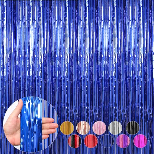 4 Pack Blue Foil Fringe Curtains Streamers 3.3 x 8.2 ft, Tinsel Backdrop for Parties, Door Birthday Streamers, Photo Booth Backdrops, Party Decorations