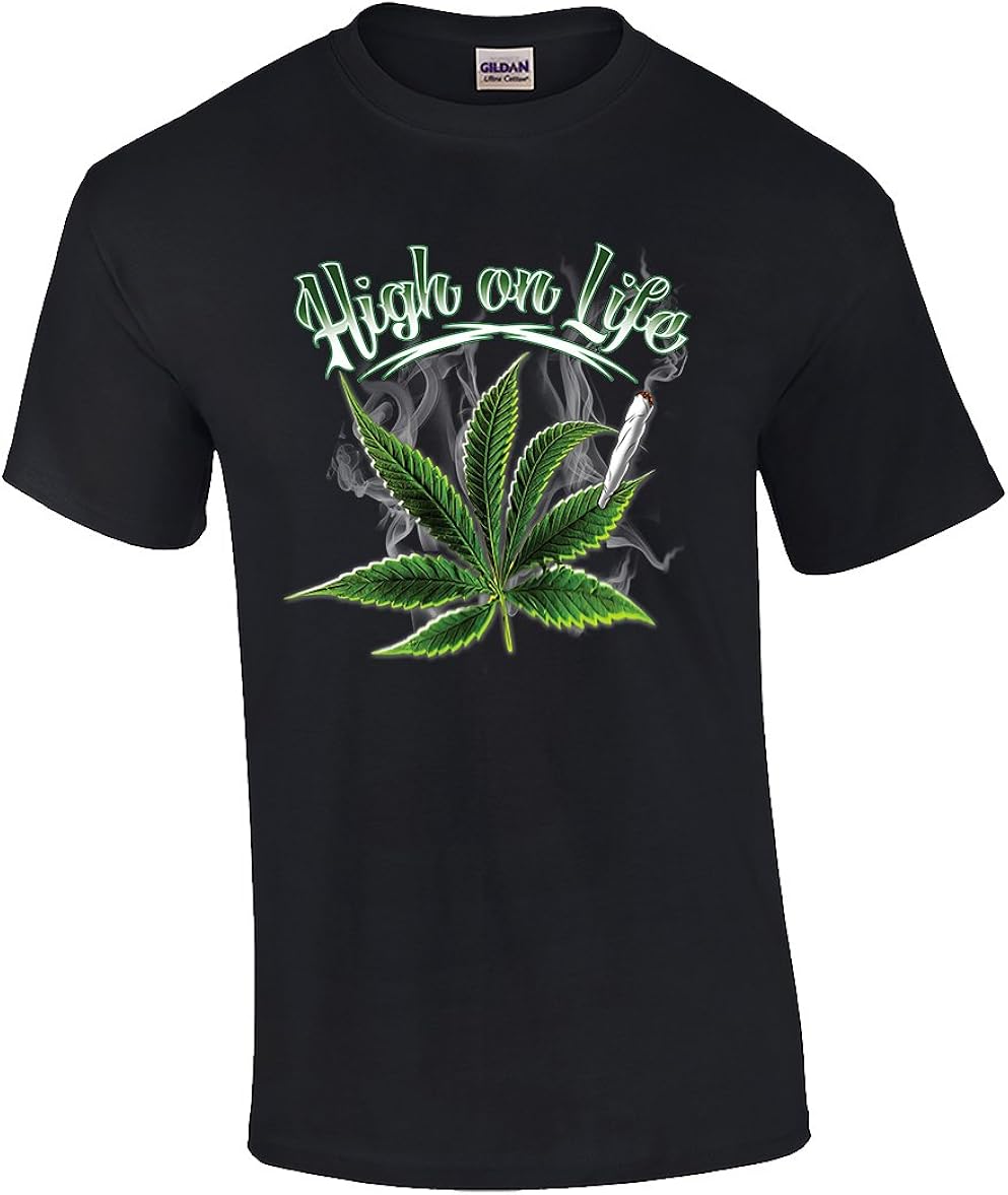 Funny Weed Marijuana Leaf High On Life Graphic Adult Tee Shirt Black