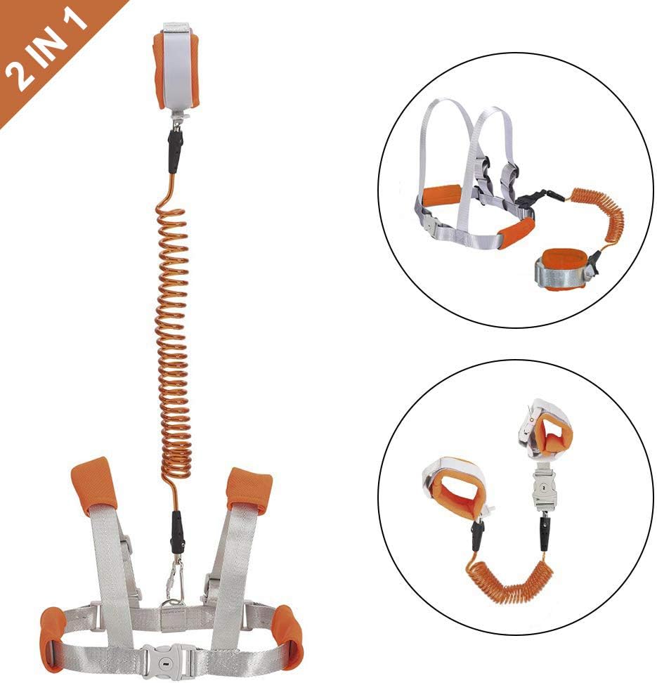 OFUN Kids Leash, 2 in 1 Child Harness Baby Reins for Toddlers, 2.5 M Safety Rein Harness with Anti-Lost Wrist for Travel, Kid Reins Soft & Flexible (Orange)