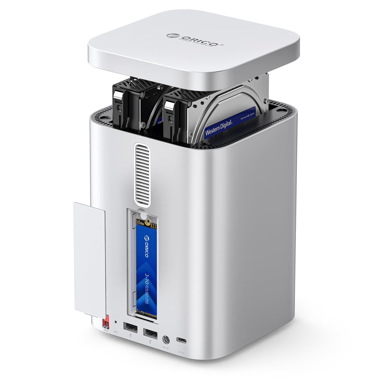 Photo 1 of ORICO MiniTower 2 Bay RAID Enclosure Compatible NVMe SSD 10Gbps with Expansion Hub Docking Station for Mac mini M4 Max Up to 56TB-M435