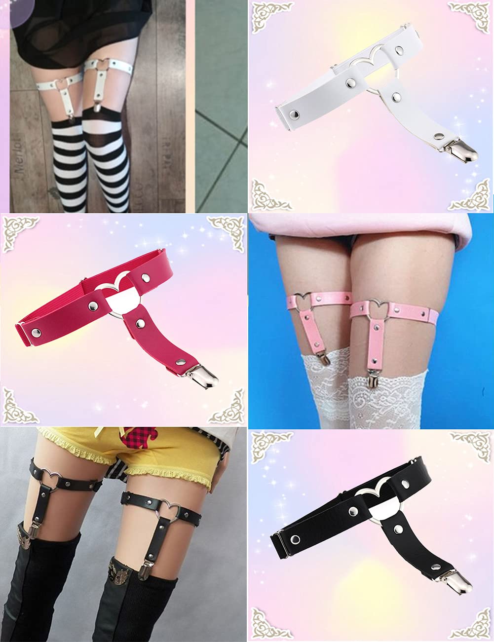 Women Adjustable Leather Thigh Garter, Heart Shaped Leg Garter with Clips punk goth Garters for thigh high socks
