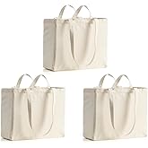 LINICE Canvas Tote Bag Reusable Grocery Bags with Long Shoulder Strap and Short Handle Foldable Heavy Duty Washable (3 Pack) | Long / Short Handles