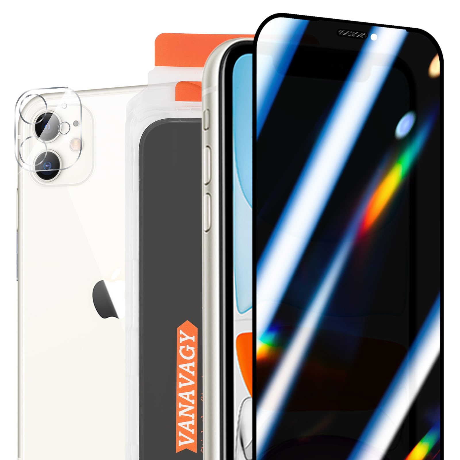 VANAVAGY 2 Pack Privacy Glass Screen Protector for iPhone 11, [2 Pack Camera Lens Protector] [Easy Installation] Plating Film with Frame Full Coverage Case for Apple 11