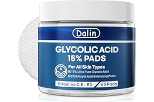 DALIN Glycolic Acid Resurfacing Pads, 15% Ultra Pure Glycolic Acid & 2% Salicylic Acid Exfoliating Peel for Face, Keeps Skin Smooth and Prevents Wrinkles and Lines, Radiant Skin Renewal - 60 Pads