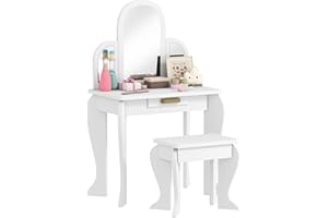 Qaba Kids Dressing Table and Chair Set, Girls Dressing Set, Makeup Desk with Drawer for 3-6 Years Old Kids, White