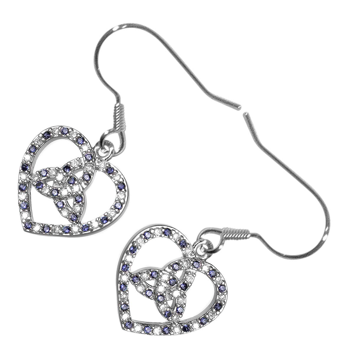 GWG Jewellery 18K White Gold Coated Celtic Trinity Knot Inside Heart Ornated with Sapphire Blue Stones Unique Earrings in Gift Box for Women