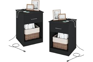 Reettic Set of 2 Nightstand with Charging Station and USB Ports & Power Outlets, Wooden End Table with Drawer and Opening Shelf, Side Table for Bedroom, Black RCTG101BE02