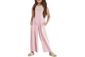 Haloumoning Girls Overalls Kids Casual Sleeveless Wide Leg Jumpsuit Loose Rompers with Pockets 5-14 Years