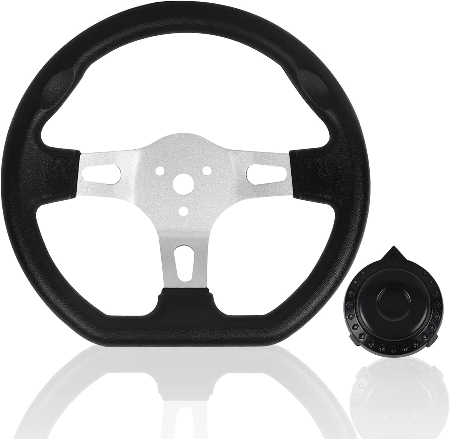 Photo 1 of 10.5inch/27cm Kart Steering Wheel - 3 Spokes Quick Release Off-Road Cart Steering Wheel Interior With Holes For Go Kart Beach Kart Replacement Vehicle Universal (10.5inch/27cm - Black)