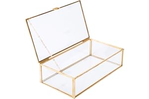 HighFree Vintage Glass Box with Lid - Clear Jewelry Glass Display Box Keepsake Box - Home Decor Decorative Box for Trinket Rings Bracelet (Gold, Medium)