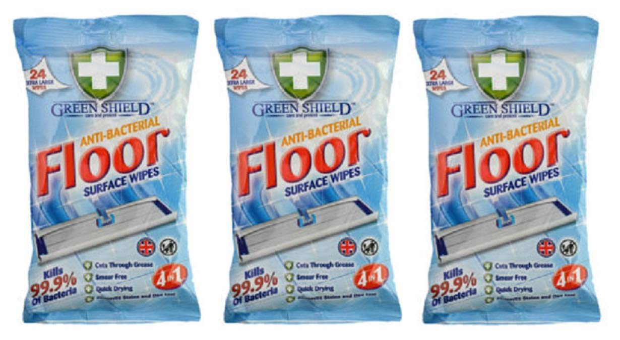 3 x Green Shield Antibacterial Floor Surface Wipes – Extra Large Cleaning Wipes (72 Wipes Total) Multipurpose Floor Cleaning Wipes
