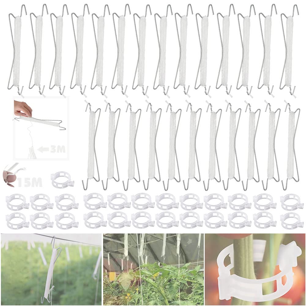 MEISHANG Tomato Hooks with Cord, Pack of 50 (25 Metal Tomato Hooks & 25 White Buckles), Rust Resistant, Ideal for Hanging Tomatoes, Cucumbers, Eggplants & More