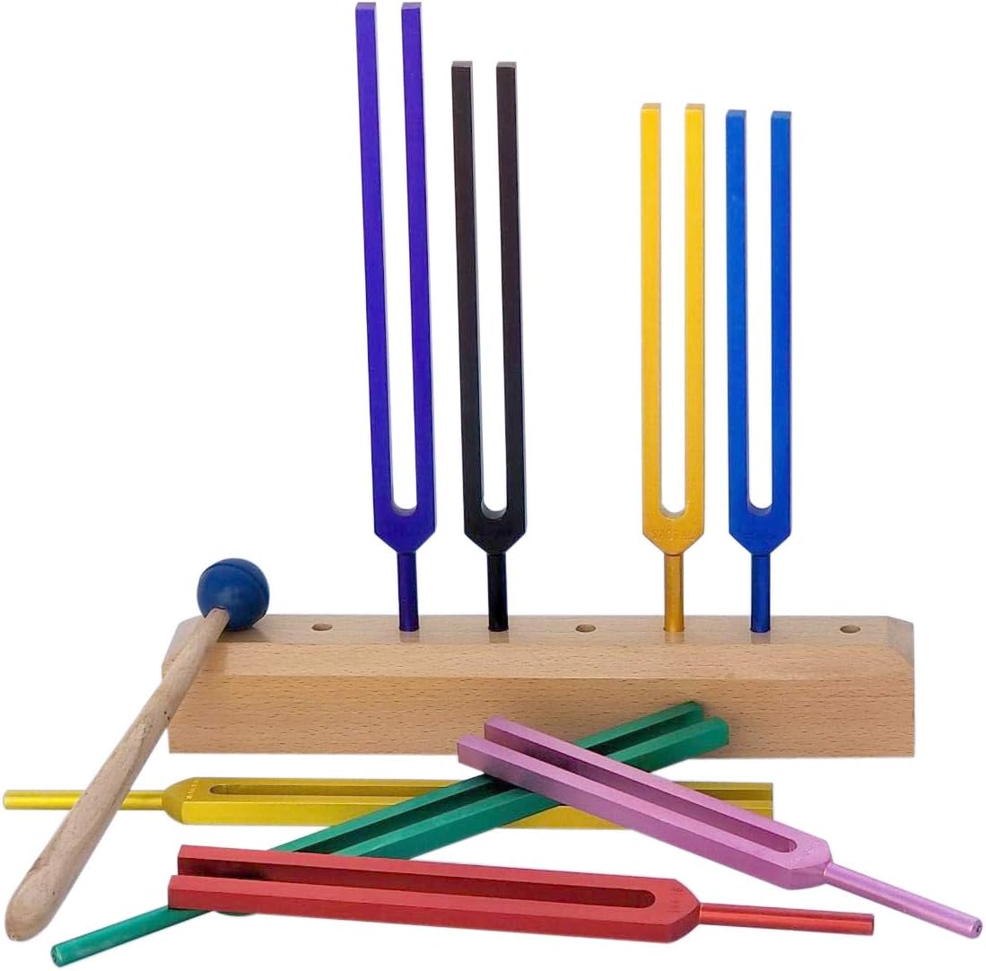 Radical Colored Chakra & Soul 8 Tuning Forks with Wooden Resonance Sound Box Stand for Energy Healing w Activator & Pouch