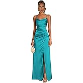 Fashionbride Satin Bridesmaid Dresses for Women Mermaid Prom Dress Spaghetti Strap Formal Evening Dress with Slit AP34