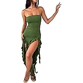 Balimtoy Women's Y2k Strapless Ruffle Bodycon Maxi Dress Tube Top Ruched Split Thigh Formal Club Party Long Dresses