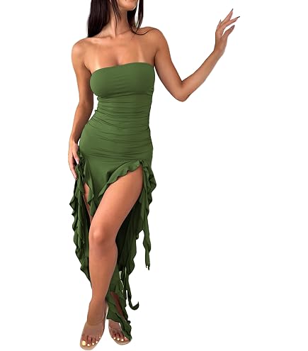 tube top bodycon dress Balimtoy Women's Y2k Strapless Ruffle Maxi Ruched Split Thigh Formal Club Party Long Dresses Bright Coral Orange Short Popular Picks in bodysuit with popper SIZE:11W