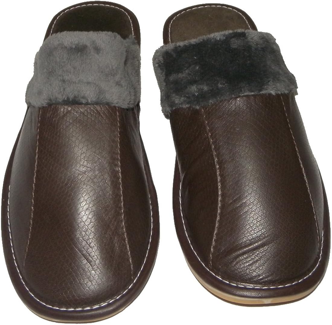 Mens Open Back Lounge / House Slippers with Leather Toe and Rubber (Non Slip) Sole