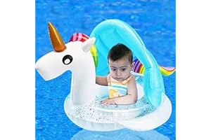 Arcimatto Baby Swimming Pool Floats with Removable Sun Protection Canopy, Cute Inflatable Raft with Seat and Handle, No Flip Over Kids Infants Boat Swim Ring for Toddlers 4-48 Months