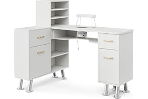 Paddie L-Shaped Manicure Table Nail Station with Shelves, Nail Tech Table Nail Table Station w/Dust Collector, Storage Cabinets, Drawers, Metal Handles & Legs(White)