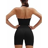 SUUKSESS Womens 2 Piece Workout Sets Padded Halter Tank Top Gym Sets Seamless Tummy Control Biker Shorts for Athletic