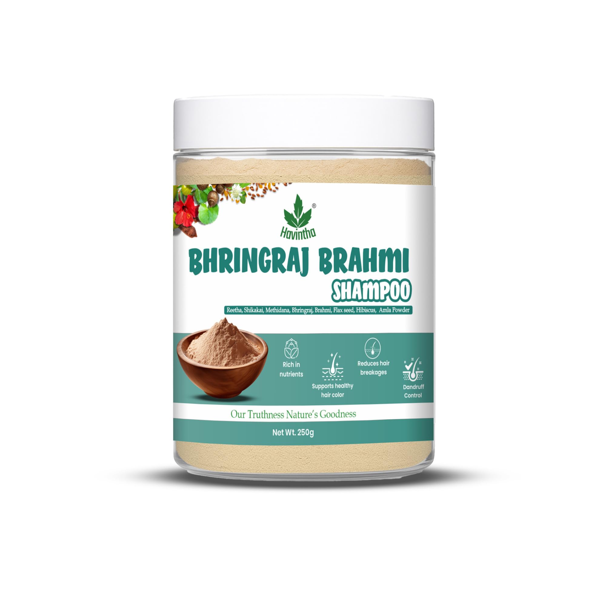 Havintha Natural Shampoo for Hair with Amla Reetha Shikakai Methidana Hibiscus Bhringraj Brahmi and Flax Seed Powder, 250gm
