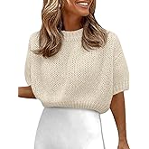 Fisoew Womens Cropped Knit Shirts Casual Puff Short Sleeve Crewneck Solid Loose Lightweight Crop Sweaters