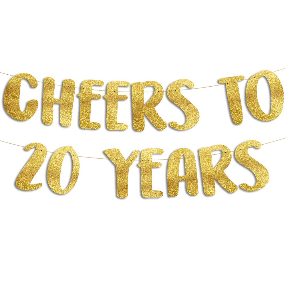 Pre-Strung Cheers to 20 Years Gold Glitter Banner - 20th Birthday and Anniversary Decorations for Men and Women - Party Supplies, Bunting Gifts and Wall Decorations