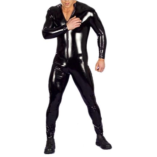 YiZYiF PVC Faux Gummi Overall Herren Leder Look Ganzanzug Bodysuit S-3XL Schwarz S