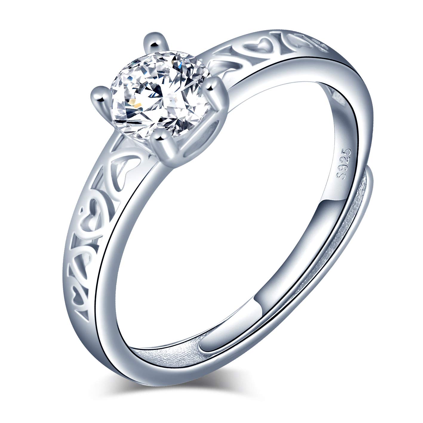 CPSLOVE 925 Sterling Silver Women's Ring, Four-Claw Zircon Hollow Heart Ring, Adjustable Size, Elegant engagement ring, Diamond wedding ring