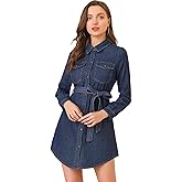 Allegra K Women's Belted Long Sleeves Button Front Denim Shirt Dress