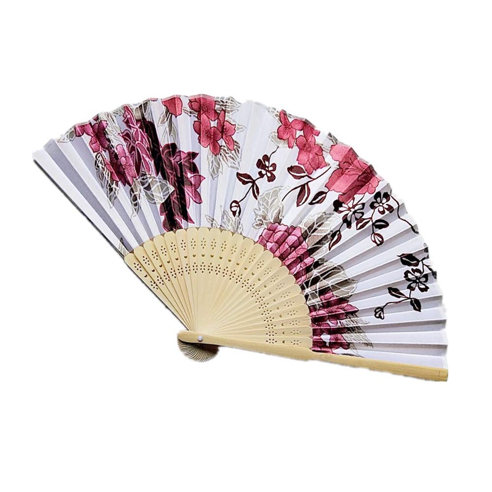 Floral Folding Hand Fan, AukCheire Vintage Handheld Lace Bamboo Silk Fabric Folding Fan with Different Flower Patterns Fabric Folding Fan for Wedding Dancing Party (2)