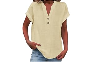 FLOLEO Linen Shirts for Women V Neck Button Down Blouse Short Sleeve Office Work Tops Vintage Vacation Tees Shirt Blouse Tops