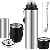 Suclain 3 Pcs Complete Yerba Mate Kit 12 oz Yerba Mate Gourd and Bombilla Set, 34 oz Stainless Steel Thermal Water Bottle with Tea Can, Straw Brush(Silver)