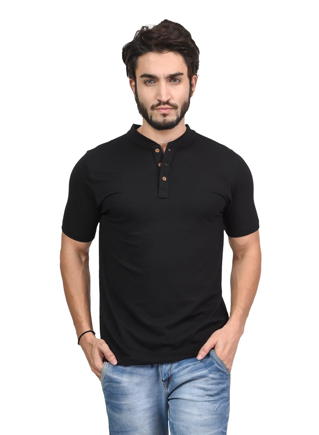 men's plain half sleeves henley neck cotton blend t-shirt (t005)