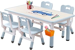 JIAOQIU Kids Table and Chair, Toddler Table and Chair Set, Adjustable Kids Table, Non-Slip Table Legs&Organizer, Graffiti Desktop, Suitable for Kids Table and Chairs Ages 3-12