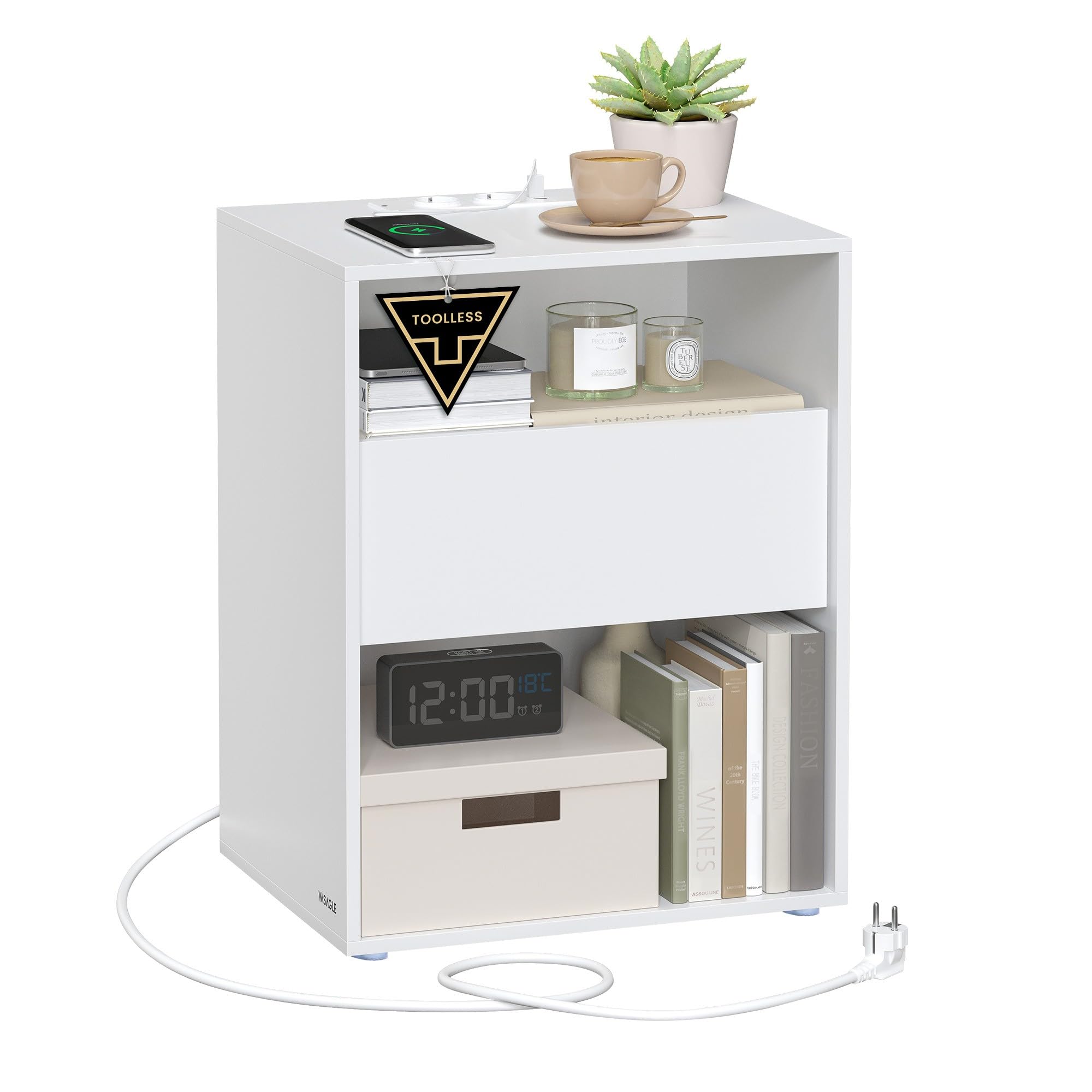VASAGLE Nachttisch, superschnelle werkzeuglose Montage, Toolless-Technologie, Beistelltisch mit Ladefunktion, Nachtschrank mit Schublade, Schlafzimmer, mattweiß LET777W04