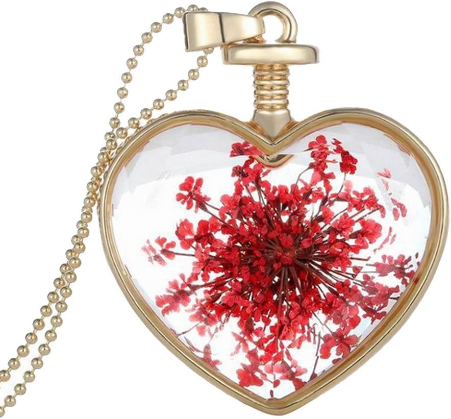 Fashion2Beauty Red Pressed Flower Heart Pendant Necklace