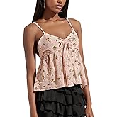 Women Floral Babydoll Tank Top Teen Girl Fairy Ruffle Cami Spaghetti Strap V Neck Boho Crop Top