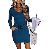LUXVEER Women's Long Sleeve Dress V Neck Drastring Waist Casual Short Mini Dresses 2025 Trendy Fall Outfits