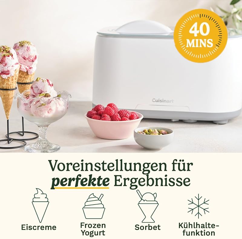 FreezeEase – Selbstkühlende Eismaschine | 3 Voreinstellungen | Eiscreme, Sorbet, Frozen Yoghurt | Kein Vorkühlen nötig | Fertig in 40 Minuten | Kühlhaltefunktion