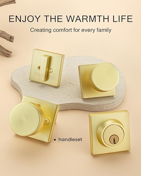HAIDMS GOLD DOOR KNOBS WITH DEADBOLT, HEAVY DUTY GOLD EXTERIOR DOOR KNOBS, ZINC-ALLOY BRUSHED BRASS FRONT DOOR KNOB AND DEADBOLT SET (2 PACK)