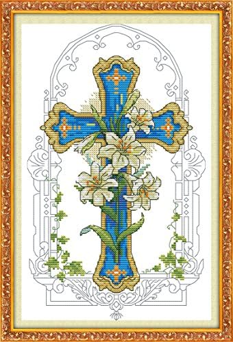 Stamped Cross Stitch Kits Lily Cross Beginners Printed Fabric Embroidery Kit Christian Cross-Stitching Pattern - Adults Kids Crafts to Decorate Home Office and More