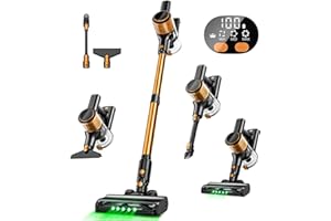 SUXIANGVAC Cordless Vacuum Cleaner, 350W/30Kpa 8-in-1 Stick Vacuum with Anti-Tangle Brush, Upgraded Green LED Light, 40min Runtime, Lightweight Rechargeable Vacuum for Home, Hardwood Floors, Carpets (Orange)