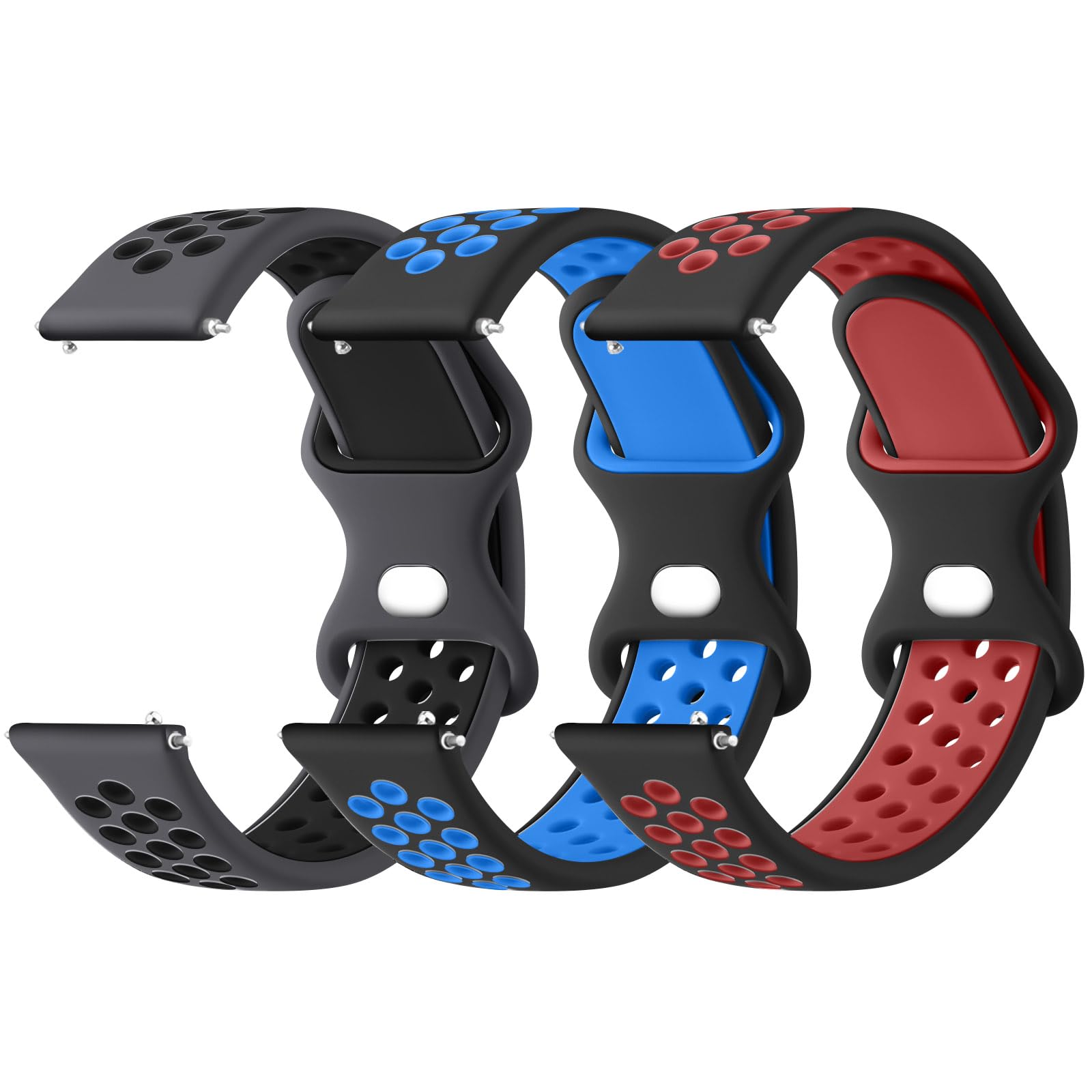 Meliya 20mm 22mm Silicone Watch Bands Quick Release Replacement Wristband, Soft Silicone Rubber Sport Watch Strap for Women Men (Gray/Black+Black/Blue+Black/Red, 20mm)