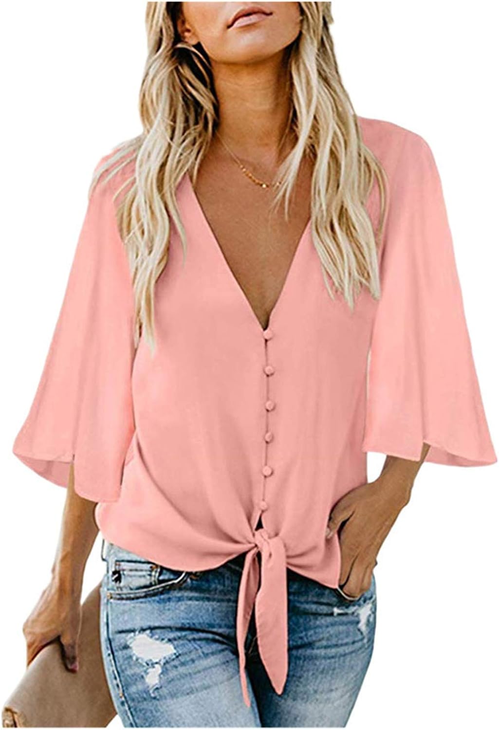 Soluo Women's Tie Front Knot Cute Tops Button Henley Blouse Long Sleeve Casual V Neck Loose T Shirts Tank Tops