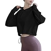 FIOBOC Women’s Cropped Hoodie Long Sleeve Sweatshirt Workout Crop Tops with Thumbhole Lightweight Athletic Workout Tops